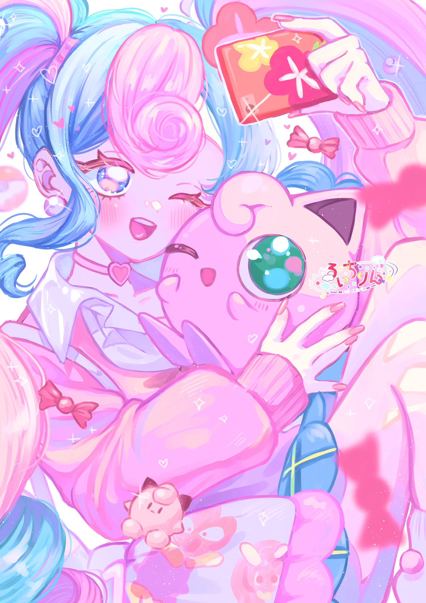 1girl ;d arm_up blue_eyes blue_hair blue_skirt cellphone choker colored_eyelashes commentary_request curly_hair earrings fairy_miku_(project_voltage) flower hair_flower hair_ornament hatsune_miku heart heart_choker highres holding holding_phone holding_pokemon jewelry jigglypuff knees_up long_hair long_sleeves looking_at_phone miniskirt multicolored_hair nail_polish one_eye_closed open_mouth phone pink_choker pink_hair pink_nails pink_sweater plaid plaid_skirt pokemon pokemon_(creature) project_voltage red_flower ruichirin sidelocks sitting skirt smartphone smile sweater taking_picture twintails two-tone_hair very_long_hair vocaloid white_bag