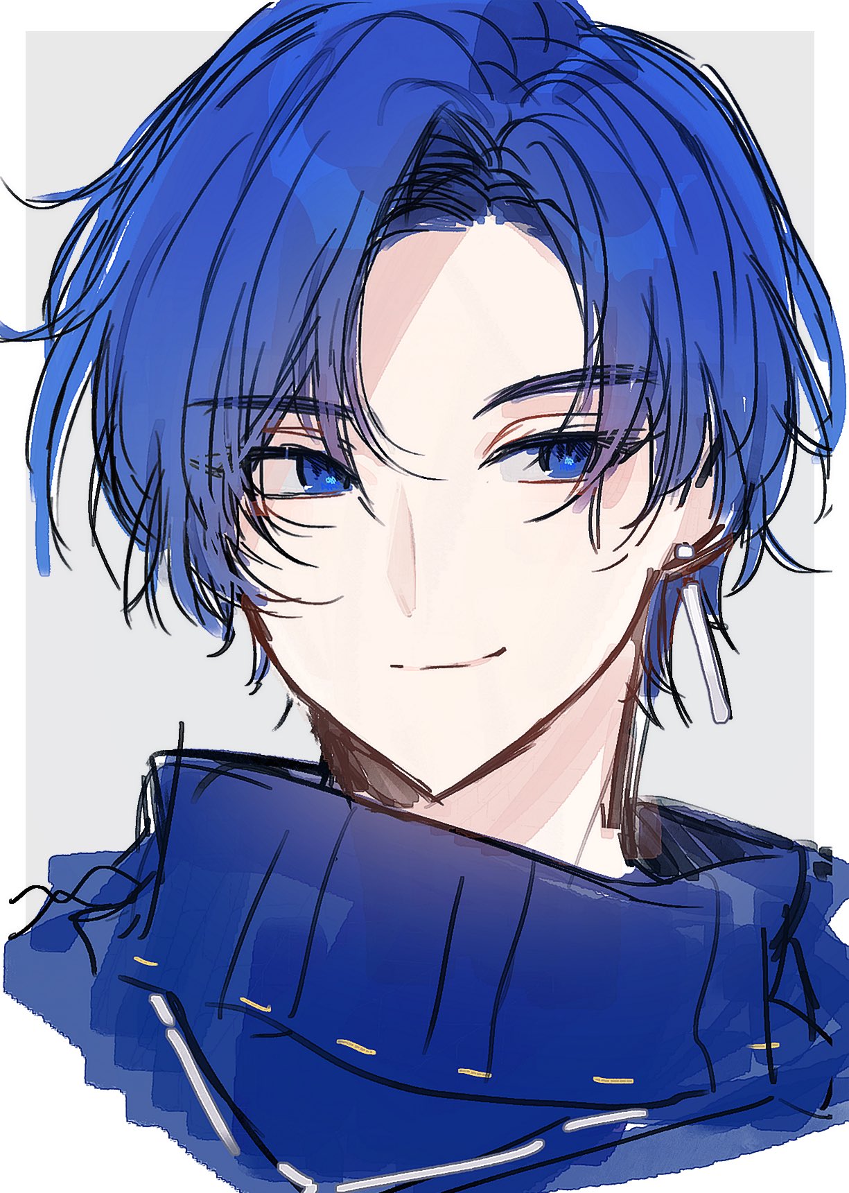 1boy blue_eyes blue_hair border closed_mouth colorful_festival_(project_sekai) commentary_request earrings highres jewelry kaito_(vocaloid) korean_commentary male_focus official_alternate_costume official_alternate_hairstyle outside_border panprika portrait project_sekai short_hair sideways_glance solo turtleneck vocaloid white_border