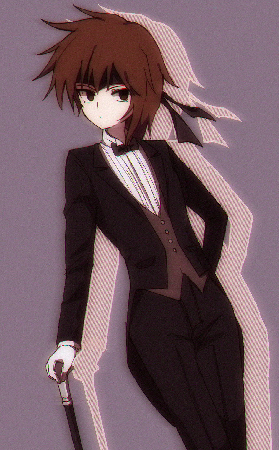 1other androgynous atoymk black_bow black_bowtie black_jacket black_pants bow bowtie brown_eyes brown_hair brown_vest cane chromatic_aberration closed_mouth drop_shadow expressionless film_grain formal highres holding holding_cane jacket kurohebi len'en long_sleeves looking_at_viewer open_clothes open_jacket other_focus pants purple_background shirt short_hair simple_background solo tuxedo vest white_shirt