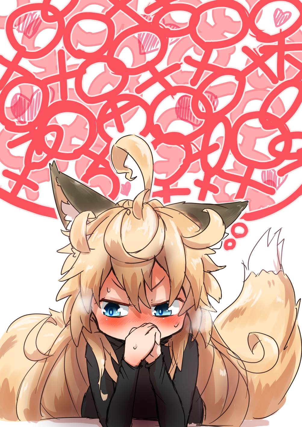 1girl ahoge animal_ears black_shirt blonde_hair blue_eyes covered_mouth fox_ears fox_girl head_rest heart highres implied_yuri kazekiri long_hair long_sleeves looking_to_the_side messy_hair multiple_tails original shirt solo sweatdrop tail thought_bubble two_tails v-shaped_eyebrows venus_symbol very_long_hair white_background