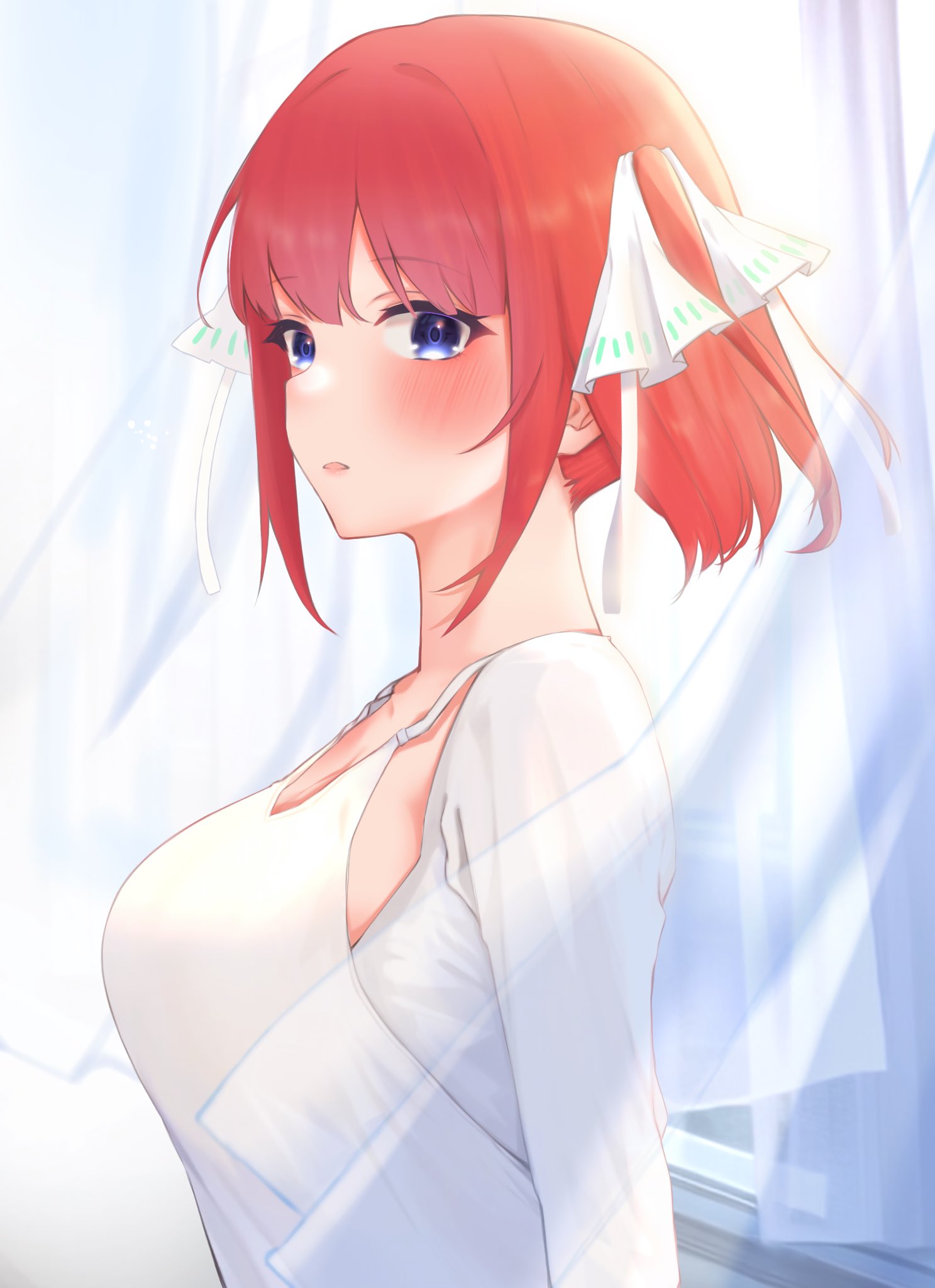 1girl alternate_color alternate_costume arm_at_side blue_eyes blush breasts butterfly_hair_ornament commentary_request curtains dress eyelashes from_side go-toubun_no_hanayome hair_ornament hair_ribbon highres indoors kakato_0 large_breasts looking_at_viewer nakano_nino parted_lips red_eyes ribbon short_hair sidelocks simple_background solo straight_hair two_side_up upper_body white_background white_dress white_ribbon wind wind_lift window