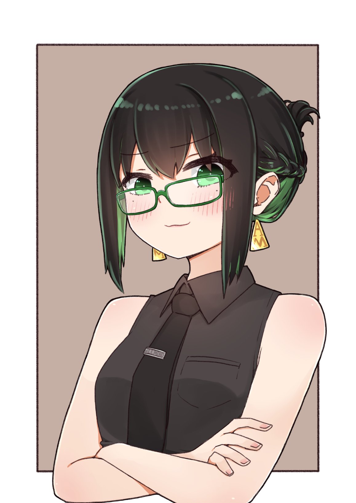 1girl allmind_(armored_core_6) armored_core armored_core_6 bare_shoulders black_hair black_necktie blush border breasts brown_background character_logo commentary_request crossed_arms earrings glasses green-framed_eyewear green_eyes green_hair grey_shirt highres i.u.y jewelry looking_at_viewer mole mole_under_eye multicolored_hair necktie office_lady outside_border personification shirt short_hair sidelocks sleeveless sleeveless_shirt small_breasts solo triangle_earrings updo white_border