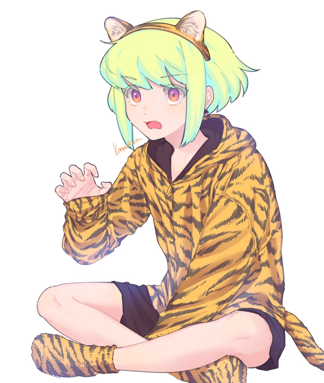 1boy animal_ears animal_print black_shorts claw_pose crossed_legs earrings fake_animal_ears fake_tail fang green_hair highres hood hoodie jewelry kome_1022 lio_fotia male_focus open_mouth otoko_no_ko oversized_clothes print_hoodie print_socks promare short_hair shorts sidelocks simple_background sitting socks solo tail tiger_ears tiger_print tiger_tail triangle_earrings violet_eyes white_background