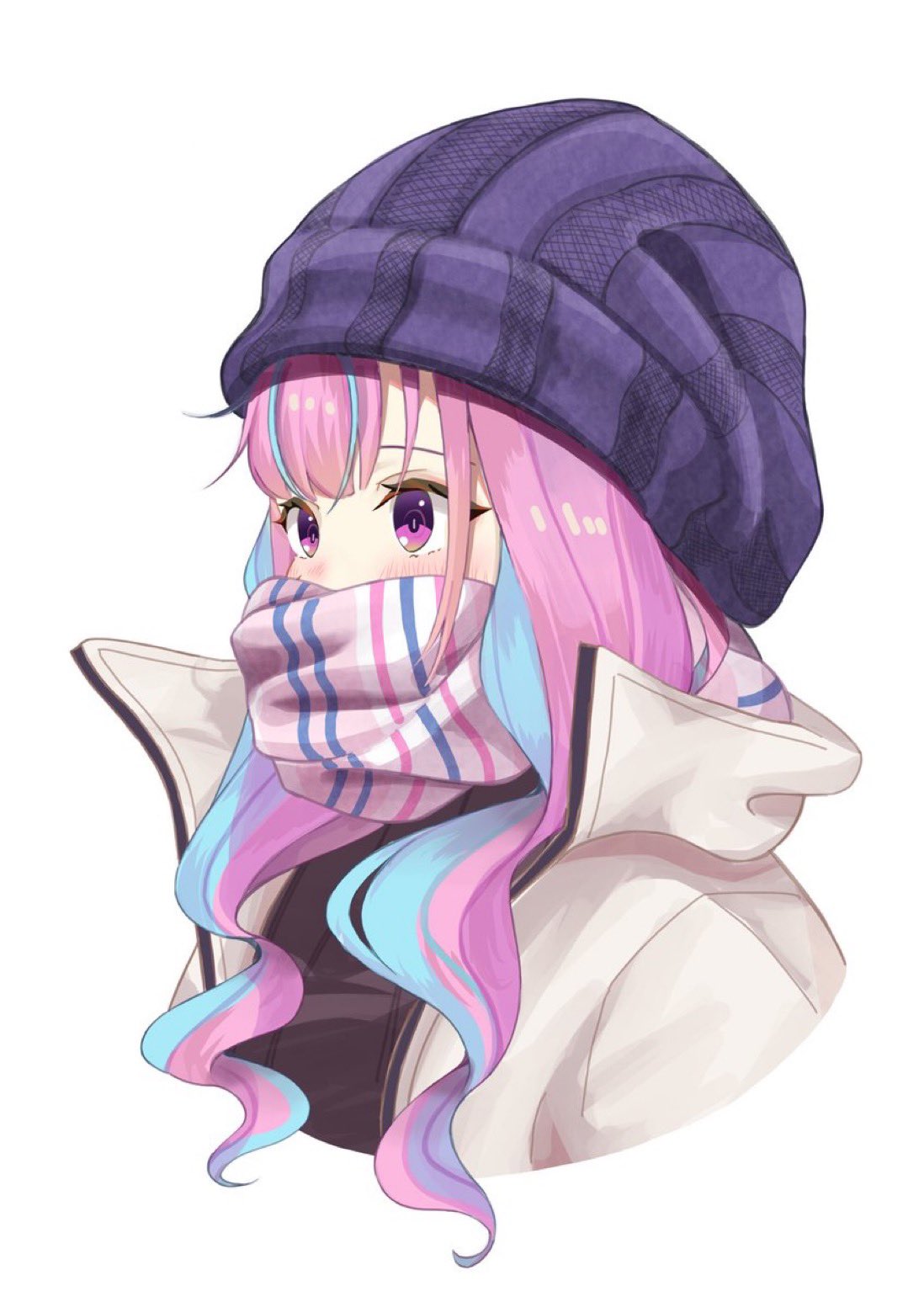 1girl alternate_costume beanie black_sweater blue_hair blunt_bangs blush brown_coat coat covered_mouth cropped_torso hat highres hololive long_hair minato_aqua multicolored_hair pink_scarf purple_hair purple_headwear ribbed_sweater scarf simple_background solo streaked_hair striped striped_scarf suzuushi sweater upper_body violet_eyes virtual_youtuber white_background