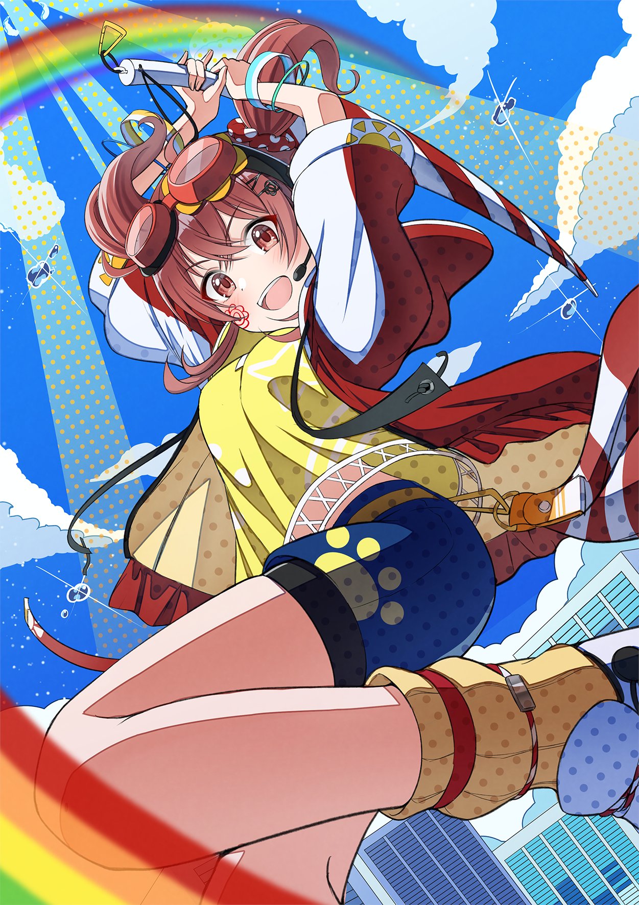 1girl arms_up blue_shorts blue_sky blush bracelet breasts building clouds commentary day dot_nose goggles goggles_on_head hair_between_eyes hair_ornament hairclip headset highres holding holding_umbrella idolmaster idolmaster_shiny_colors jacket jewelry komiya_kaho legs long_hair long_sleeves looking_at_viewer medium_breasts midriff open_clothes open_jacket open_mouth osoba_susurukun outdoors paw_print polka_dot rainbow red_eyes red_jacket red_scrunchie redhead scrunchie shirt shorts sidelocks sky smile socks solo striped_umbrella sunlight teeth thighs twintails umbrella upper_teeth_only v-shaped_eyebrows water_drop white_footwear yellow_shirt yellow_socks