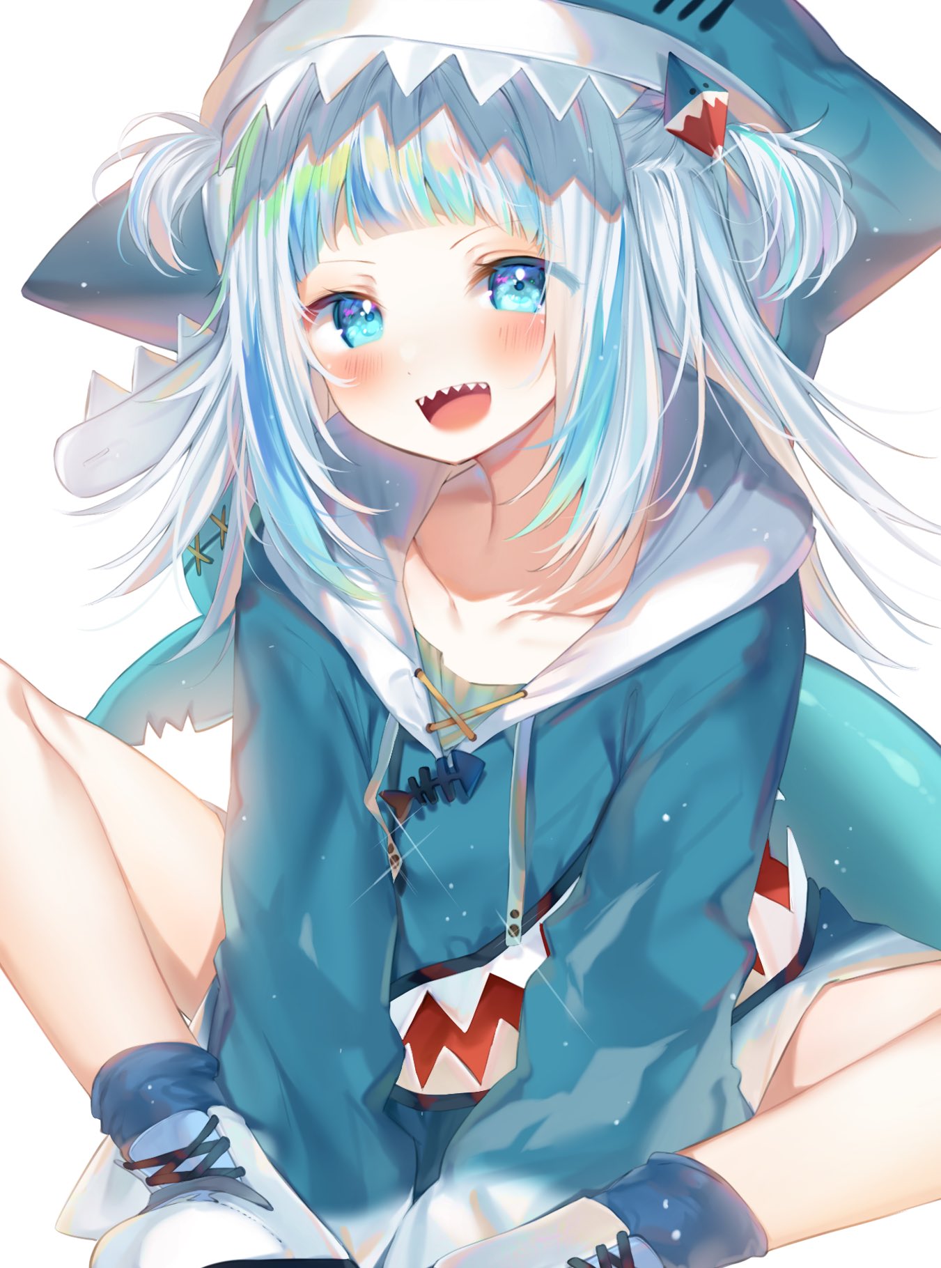 1girl :d aimi_(mimi_nii2) animal_hood blue_eyes blue_hair blue_jacket collarbone fins fish_tail gawr_gura gawr_gura_(1st_costume) hair_ornament highres hololive hololive_english hood indian_style jacket long_sleeves looking_at_viewer medium_hair multicolored_hair open_mouth shark_girl shark_hood shark_tail sharp_teeth shoes simple_background sitting smile solo tail teeth two-tone_hair upper_teeth_only virtual_youtuber white_background white_footwear white_hair