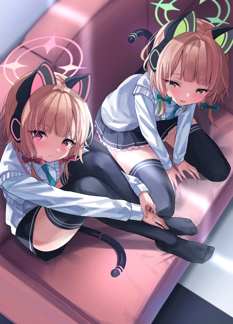 2girls :3 animal_ear_headphones animal_ears between_legs black_skirt black_thighhighs blonde_hair blue_archive blue_necktie blunt_bangs blush bow cat_ear_headphones closed_mouth commentary_request couch eyelashes eyes_visible_through_hair fake_animal_ears frilled_skirt frills green_bow green_eyes green_halo hair_bow halo hand_between_legs headphones hugging_own_legs indoors knees_up leaning_forward legs_together long_sleeves looking_at_another looking_at_viewer looking_up medium_hair midori_(blue_archive) miniskirt momoi_(blue_archive) multiple_girls necktie no_shoes on_couch open_mouth pink_eyes pink_halo pleated_skirt ponpon_nun red_bow shirt siblings sidelocks sisters sitting skirt smile thigh-highs tsurime twins wariza white_shirt zettai_ryouiki