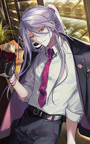 1boy alcohol arm_support belt belt_buckle bench black_gloves black_jacket black_pants bottle bracelet buckle bungou_to_alchemist collar_chain_(jewelry) collared_shirt cowboy_shot cup drinking_glass floral_print gloves grey_belt hair_between_eyes hair_ribbon holding holding_cup indoors itefu jacket jacket_on_shoulders jewelry lapel_pin lapels light_purple_hair long_bangs long_hair looking_at_viewer lowres male_focus necktie notched_lapels official_art pants pink_necktie pink_ribbon plant ponytail print_necktie red_wine ribbon rose_print shirt sidelocks sitting sleeves_rolled_up smile solo tanizaki_junichirou_(bungou_to_alchemist) third-party_source tie_clip white_shirt wine wine_bottle wine_cellar wine_glass wine_rack yellow_eyes