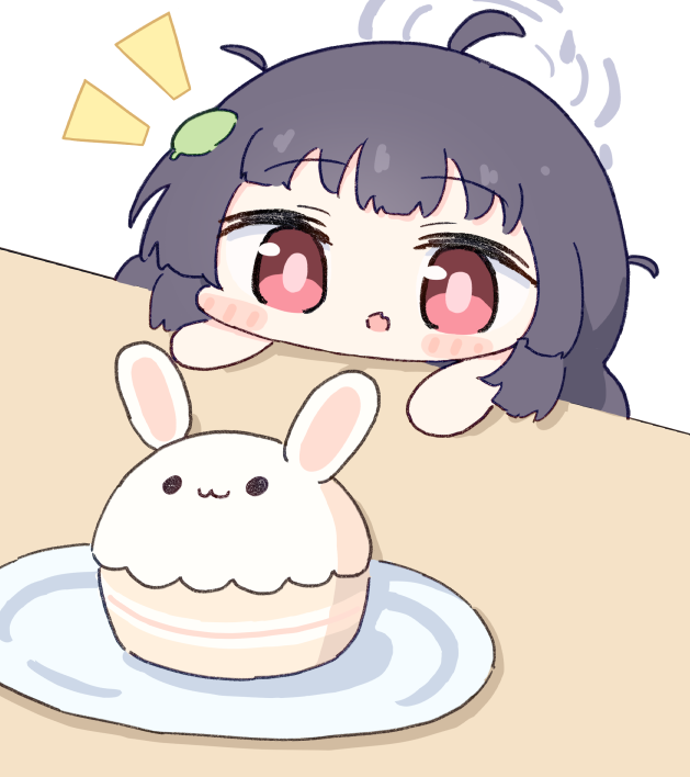 1girl animal-themed_food black_hair blue_archive blush_stickers cake chibi commentary food halo leaf leaf_on_head long_hair looking_at_food messy_hair miyu_(blue_archive) no_nose pink_pupils plate red_eyes simple_background solo umihio upper_body white_background