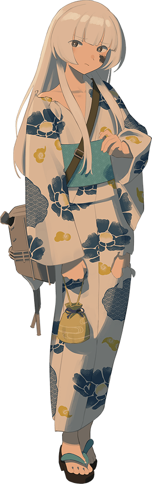 1girl adapted_turret cannon dirt_on_face floral_print full_body grey_eyes japanese_clothes kantai_collection kimono long_hair official_alternate_costume official_art sandals shibafu_(glock23) shirakumo_(kancolle) solo standing third-party_source torn_clothes transparent_background turret white_hair white_kimono yukata