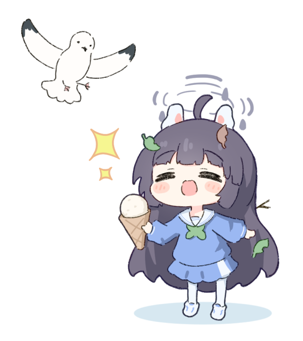 1girl ahoge animal_ears bird black_hair blue_archive blue_shirt blue_skirt blush_stickers chibi closed_eyes commentary food halo holding holding_food holding_ice_cream ice_cream leaf leaf_on_head long_hair long_sleeves miyu_(blue_archive) no_nose open_mouth pantyhose rabbit_ears sailor_collar seagull shirt skirt smile sparkle standing twig umihio very_long_hair white_footwear white_pantyhose white_sailor_collar