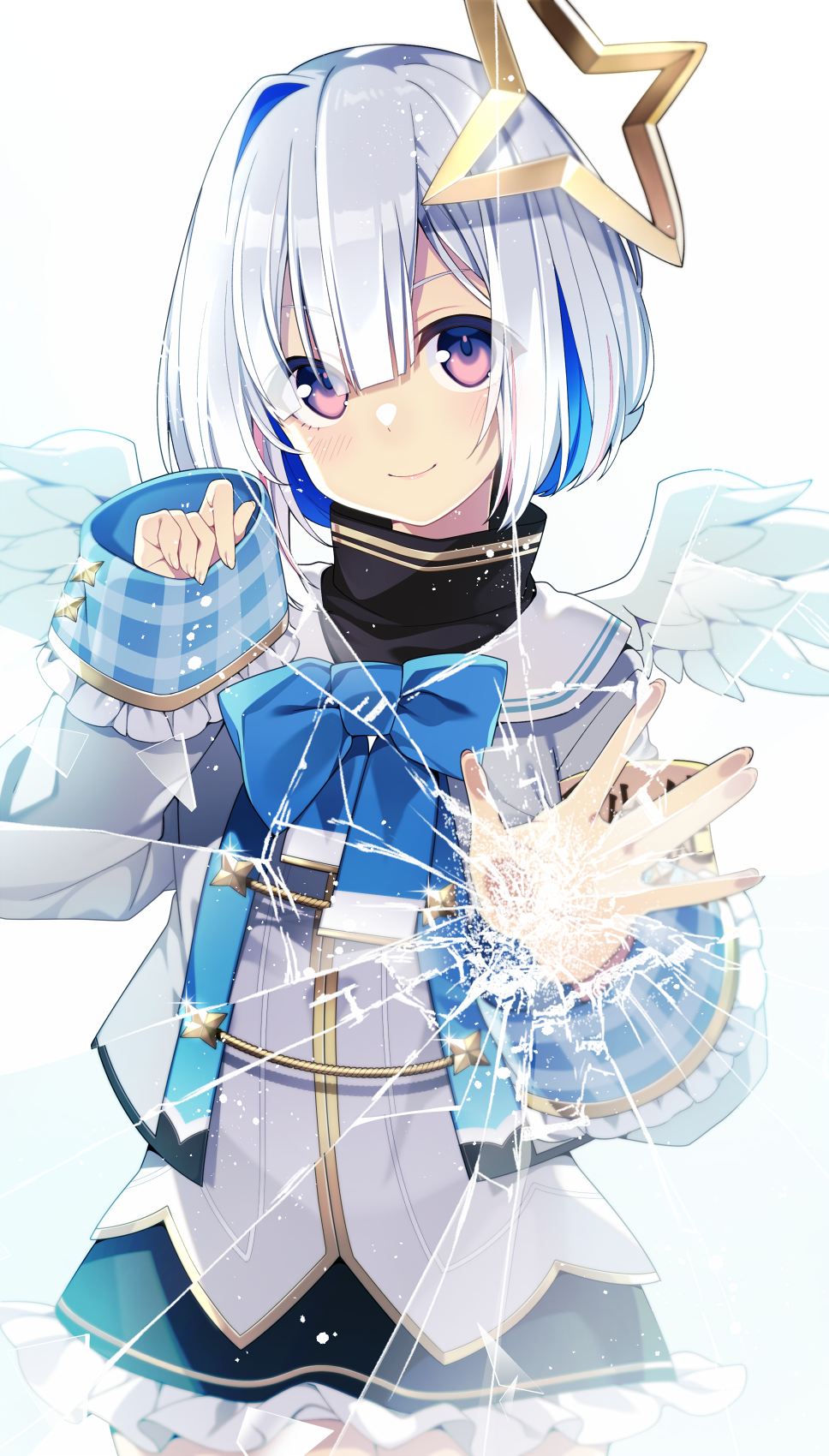 1girl against_glass amane_kanata amane_kanata_(1st_costume) angel angel_wings azma_(mitch55) blue_bow blue_hair bow broken_glass glass halo highres hololive jacket looking_at_viewer multicolored_hair short_hair skirt solo star_halo streaked_hair virtual_youtuber white_hair wings