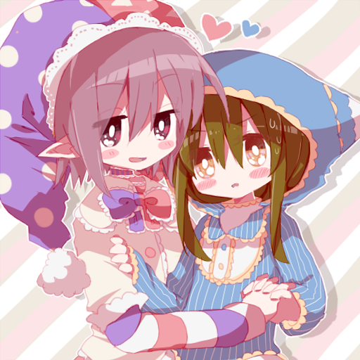 2boys blue_jacket blush_stickers brown_eyes brown_hair commentary_request hair_between_eyes hat heart holding_hands hood hood_up hooded_jacket jacket jester_cap kirby_(series) layered_sleeves long_sleeves magolor male_focus marx_(kirby) multicolored_clothes multicolored_headwear multicolored_ribbon multiple_boys neck_ribbon no_nose open_mouth outline personification purple_hair ribbon shirt short_hair short_hair_with_long_locks short_over_long_sleeves short_sleeves smile striped striped_jacket usagi_nui v-shaped_eyebrows violet_eyes white_outline white_shirt