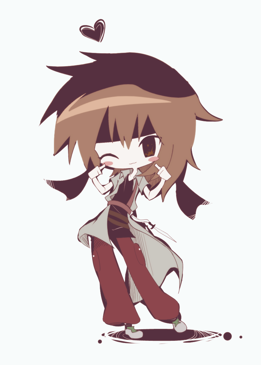 1other ;3 androgynous atoymk belt black_shirt blush_stickers brown_belt brown_eyes brown_hair cargo_pants closed_mouth coat deformed full_body grey_coat heart kurohebi len'en medium_hair multiple_belts no_nose one_eye_closed open_clothes open_coat other_focus pants pointing pointing_at_self red_pants shirt short_sleeves simple_background solo white_background