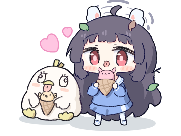 1girl ahoge animal_ears black_hair blue_archive blue_shirt blue_skirt blush_stickers chibi food full_body grey_halo halo heart holding holding_food ice_cream ice_cream_cone leaf leaf_on_head long_hair miyu_(blue_archive) no_nose pantyhose peroro_(blue_archive) pink_pupils rabbit_ears red_eyes sailor_collar shirt sitting skirt standing tongue tongue_out umihio very_long_hair white_footwear white_pantyhose white_sailor_collar