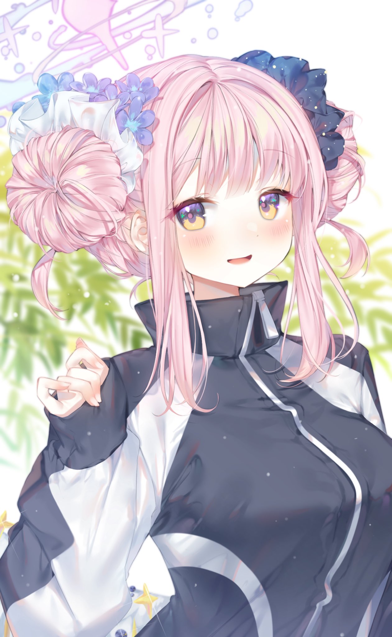 1girl aimi_(mimi_nii2) black_jacket blue_archive blush commentary double_bun ear_ribbon flower hair_bun hair_flower hair_ornament halo highres jacket long_sleeves looking_at_viewer medium_hair mika_(blue_archive) multicolored_clothes multicolored_jacket open_mouth pink_hair pink_halo pink_pupils purple_flower ribbon sleeves_past_wrists smile solo track_jacket two-tone_jacket upper_body white_jacket white_ribbon yellow_eyes