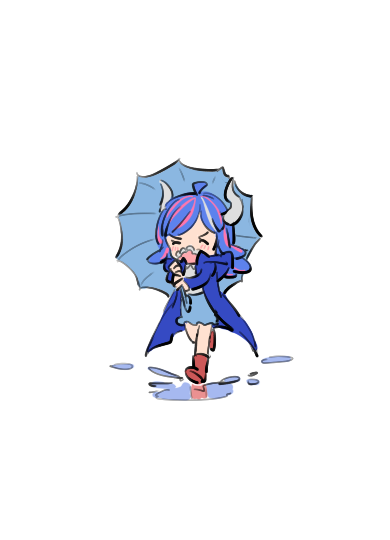 1girl ahoge blue_hair blue_raincoat blue_skirt chibi closed_eyes collared_shirt covered_mouth curled_horns dinosaur_girl full_body holding holding_umbrella horns long_hair mask mouth_mask multicolored_hair one_piece pink_hair pink_mask puddle raine_(acke2445) red_footwear shirt skirt solo splashing streaked_hair ulti_(one_piece) umbrella white_background white_shirt