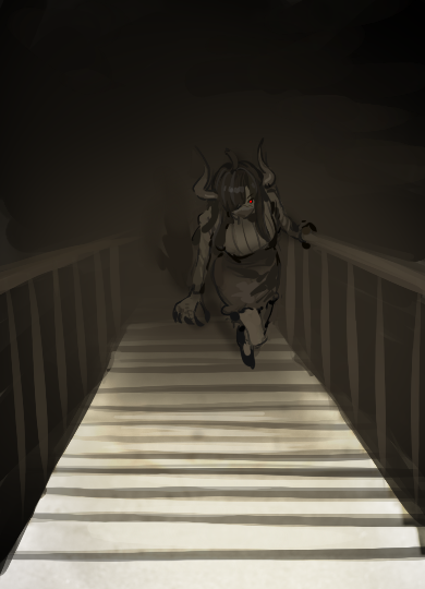 1girl ahoge covered_mouth curled_horns dinosaur_girl greyscale horns long_hair looking_at_viewer mask monochrome mouth_mask one_piece pink_eyes raine_(acke2445) shirt_tucked_in skirt solo spot_color stairs talons ulti_(one_piece)