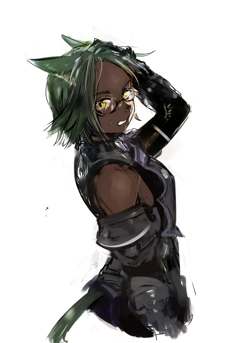 1girl animal_ears armor bare_shoulders cat_ears cat_girl cat_tail clenched_teeth dark-skinned_female dark_skin doraeshi final_fantasy final_fantasy_xiv glasses green_hair green_tail hand_on_own_head highres miqo'te short_hair simple_background slit_pupils solo tail teeth warrior_of_light_(ff14) white_background yellow_eyes