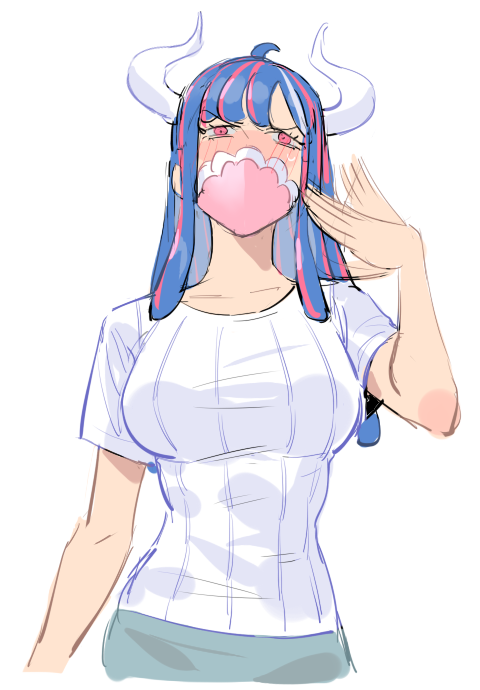 1girl ahoge blue_hair blush covered_mouth curled_horns dinosaur_girl fanning_self horns long_hair mask mouth_mask multicolored_hair one_piece pink_eyes pink_hair pink_mask raine_(acke2445) shirt solo streaked_hair sweat ulti_(one_piece) white_background white_shirt