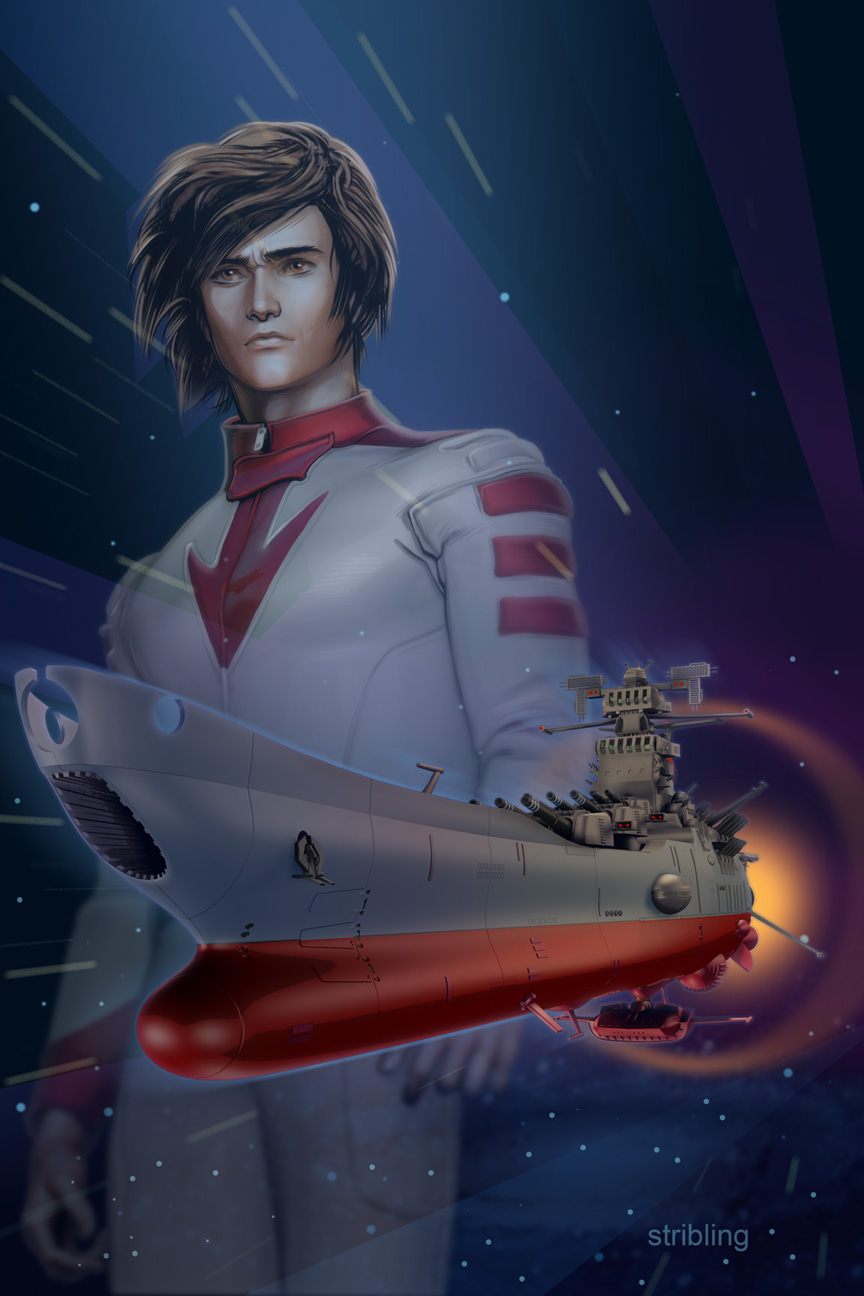 1boy asian brown_eyes brown_hair energy_cannon english_commentary highres kodai_susumu male_focus military military_uniform motion_lines muzzle radar_dish radio_antenna realistic redesign serious signature space spacecraft star_(sky) starry_background strib thrusters turret uchuu_senkan_yamato uniform wave_motion_gun yamato_(uchuu_senkan_yamato)