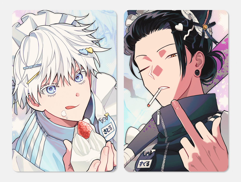 2boys :q animal_ears baseball_bat bell black_hair black_jacket blue_eyes blue_jacket brown_eyes cake cake_slice cat_ears cigarette closed_mouth cream cream_on_face ear_piercing fake_animal_ears food food_on_face getou_suguru ggss_cc gojou_satoru hair_bun hair_ornament hair_pulled_back hairclip hand_up holding holding_food jacket jujutsu_kaisen looking_at_viewer maid_headdress male_focus middle_finger mouth_hold multiple_boys name_tag one_eye_closed piercing short_hair smile tongue tongue_out upper_body white_hair