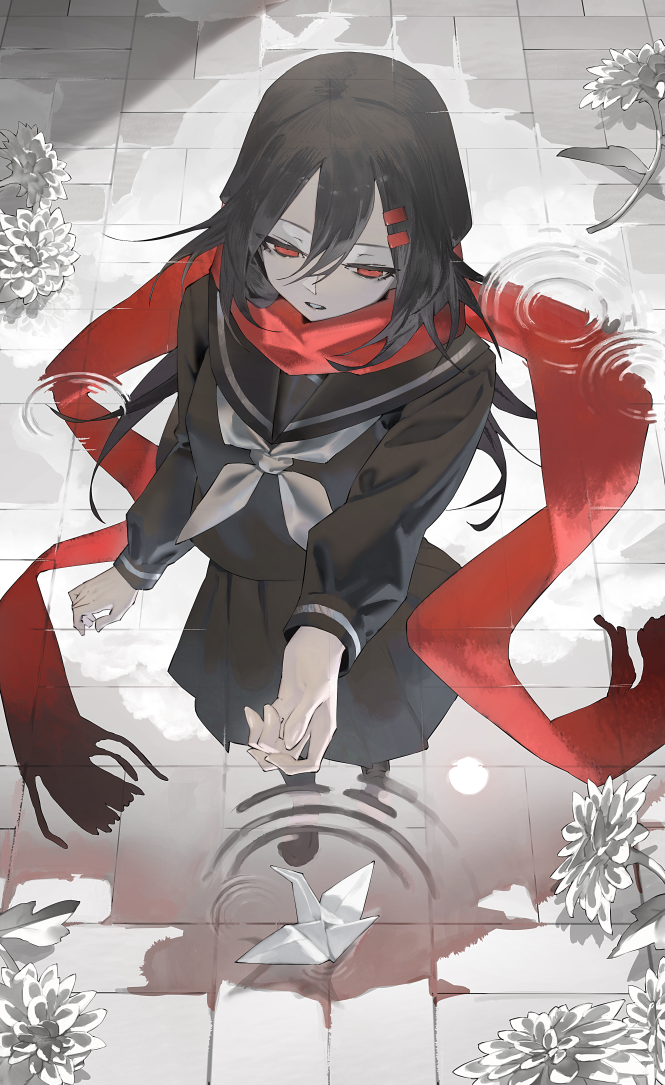 1girl additional_memory_(vocaloid) black_hair black_sailor_collar black_serafuku black_shirt black_skirt chrysanthemum clouds commentary day enpera expressionless flower fringe_trim from_above full_body hair_between_eyes hair_ornament hairclip kagerou_project leaf long_hair long_sleeves looking_ahead mi8pq origami outdoors paper_crane parted_lips partially_colored pavement pleated_skirt red_eyes red_scarf reflection reflective_water ripples sailor_collar scarf school_uniform serafuku shirt shoes single_stripe skirt solo standing striped sun tateyama_ayano water white_stripes