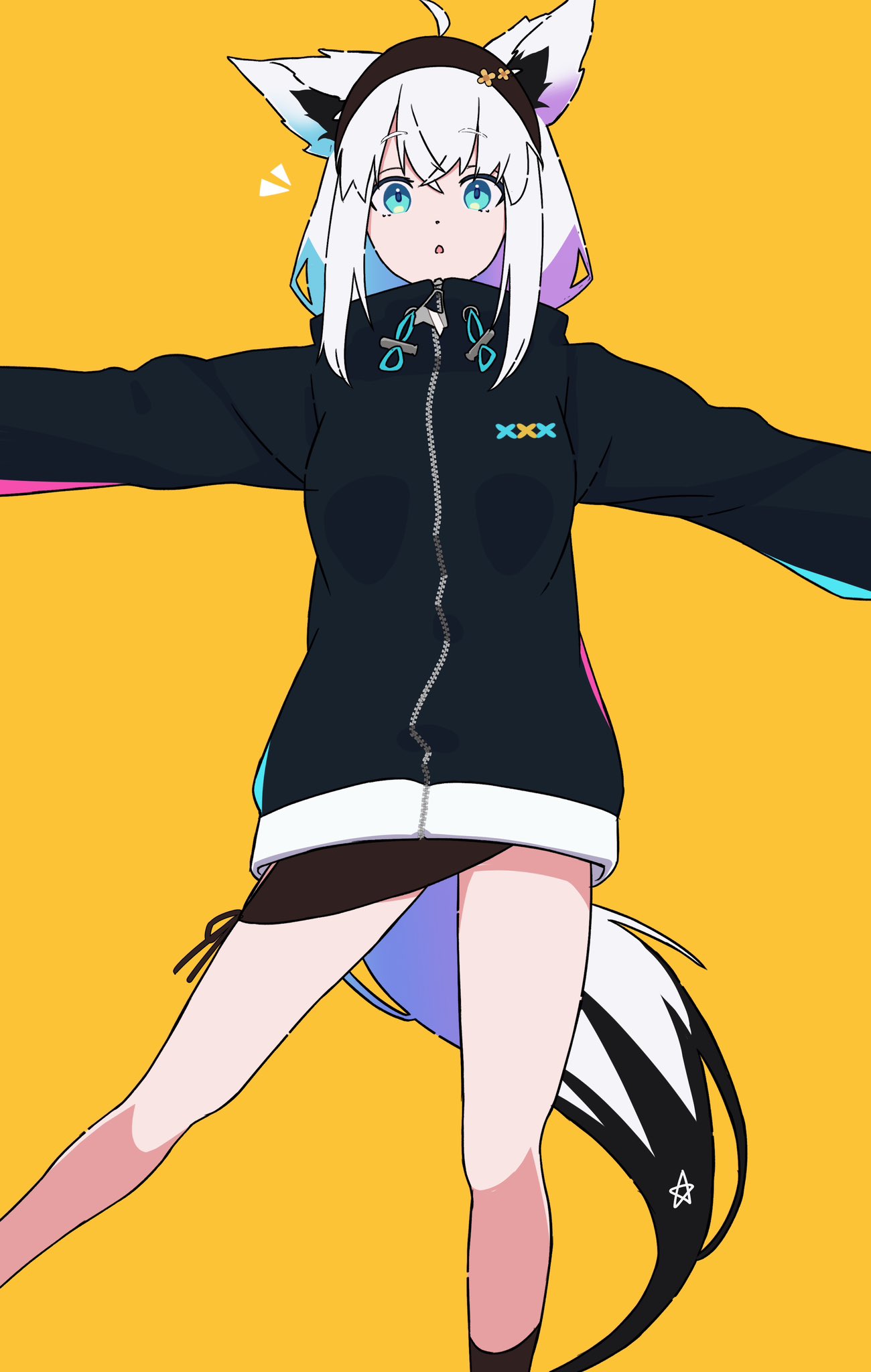 1girl ahoge animal_ears aqua_eyes black_hairband black_hoodie black_shirt commentary fox_ears fox_girl fox_tail hairband highres hololive hood hoodie long_sleeves looking_at_viewer outstretched_arms parted_lips pentagram shirakami_fubuki shirakami_fubuki_(7th_costume) shirt solo spread_arms symbol-only_commentary tail virtual_youtuber white_hair yamasyro yellow_background