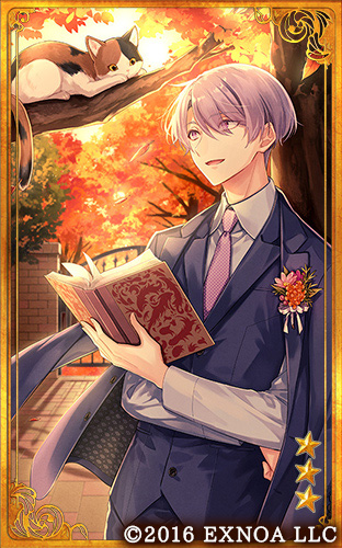 1boy :d amaichi_esora autumn_leaves blue_jacket blue_pants blue_vest book boutonniere brick_wall bungou_to_alchemist calico card_(medium) cat collared_shirt copyright crossed_arms flower gate hair_between_eyes holding holding_book jacket jacket_on_shoulders kitahara_hakushuu_(bungou_to_alchemist) lapels long_sleeves looking_at_animal lowres male_focus necktie notched_lapels official_art open_book orange_flower pants pavement pink_flower pink_necktie purple_hair shirt short_hair smile solo tree upper_body vest violet_eyes white_shirt