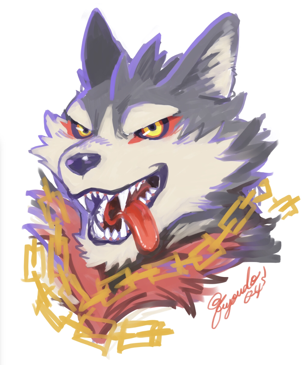 1boy animal_ears chain colored_sclera dog_boy dog_ears fangs furry furry_male fuyodo garmr_(housamo) grey_fur highres male_focus open_mouth portrait red_fur red_sclera signature simple_background solo tokyo_afterschool_summoners tongue tongue_out white_background yellow_eyes