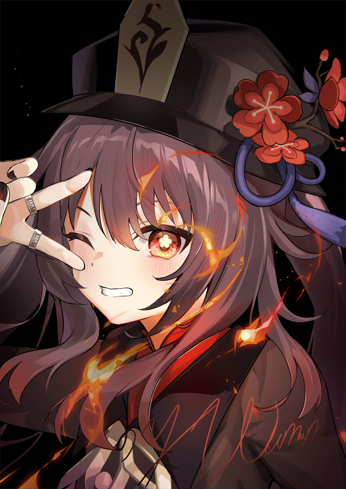 1girl black_background black_headwear black_nails blush brown_hair flower genshin_impact gradient_hair grin hair_between_eyes hat hat_flower hu_tao_(genshin_impact) jewelry long_hair looking_at_viewer multicolored_hair multiple_rings nail_polish one_eye_closed red_eyes red_flower redhead ring sidelocks signature simple_background smile solo symbol-shaped_pupils twintails upper_body v v_over_eye wumumu