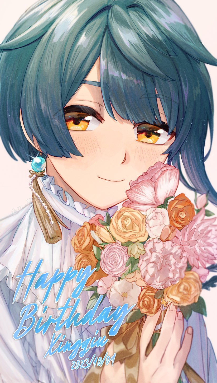 1boy blue_hair blunt_ends blush bouquet character_name closed_mouth collar commentary_request dated diagonal_bangs earrings flower frilled_collar frills genshin_impact happy_birthday highres holding holding_bouquet jewelry l3yent looking_at_viewer orange_flower pink_flower portrait short_hair simple_background single_earring smile solo tassel tassel_earrings white_background white_flower xingqiu_(genshin_impact) yellow_eyes yellow_flower