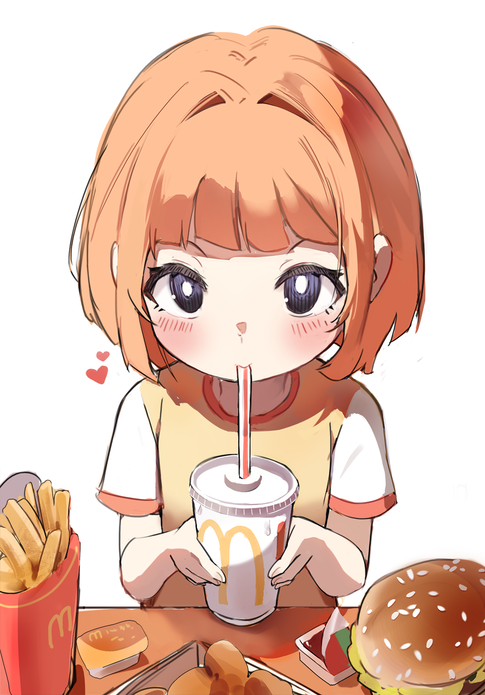 1girl black_eyes blunt_bangs blunt_ends blush bob_cut bright_pupils burger chicken_nuggets closed_mouth commentary cup daughter_(yoru_mac) disposable_cup drink drinking drinking_straw english_commentary food french_fries from_above heart highres holding holding_cup holding_drink light_smile looking_at_viewer looking_up mcdonald's multicolored_shirt orobou own_hands_together raglan_sleeves red_shirt redhead sauce sesame_seeds shirt short_hair short_sleeves simple_background smile solo t-shirt table upturned_eyes w_arms white_background white_pupils white_shirt yellow_shirt yoru_mac