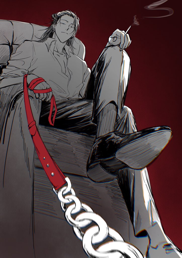 1boy chain chair cigarette closed_mouth collared_shirt ear_piercing getou_suguru greyscale_with_colored_background hair_bun hair_pulled_back holding holding_cigarette holding_leash jujutsu_kaisen lauresent leash long_hair male_focus pants partially_unbuttoned piercing red_background shirt shoes sleeves_rolled_up smoke solo spot_color
