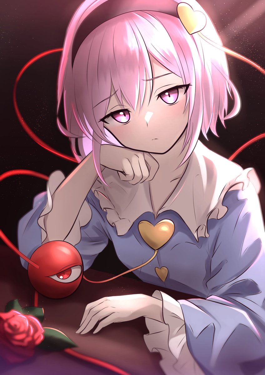 1girl black_hairband blue_shirt buttons commentary eyeball flower frilled_shirt_collar frilled_sleeves frills hair_ornament hairband hand_on_own_cheek hand_on_own_face heart heart_button heart_hair_ornament highres komeiji_satori light_blush light_frown light_particles looking_at_viewer pink_eyes pink_hair red_flower red_rose rinkaito1231 rose shirt short_hair solo third_eye touhou wide_sleeves