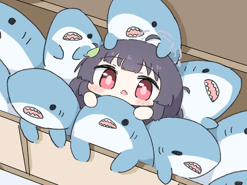 1girl black_hair blue_archive blush_stickers chibi commentary grey_halo halo hands_up leaf leaf_on_head long_hair looking_at_viewer looking_up miyu_(blue_archive) no_nose open_mouth pink_pupils red_eyes shark sharp_teeth teeth umihio