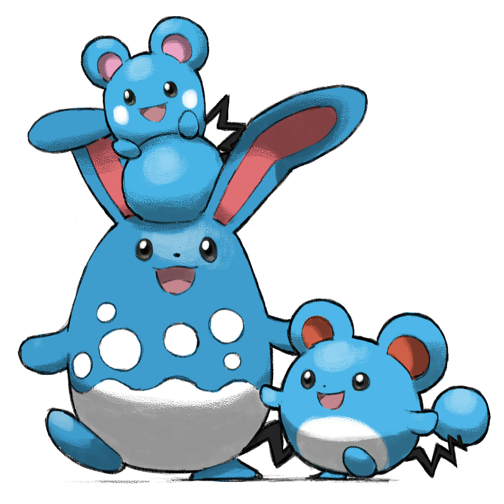 :3 animal_ears azumarill azurill blacknirrow evolutionary_line full_body marill mouse_ears no_humans open_mouth pokemon pokemon_(creature) simple_background sitting sitting_on_person smile tail white_background