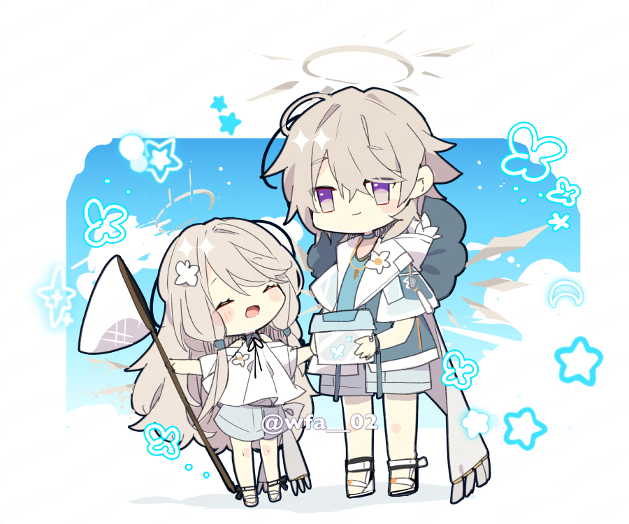 1boy 1girl arknights blue_jacket blue_shirt blue_sky blush border bug butterfly butterfly_hair_ornament cecelia_(arknights) chibi closed_eyes clouds commentary enforcer_(arknights) enforcer_(paper_wing)_(arknights) flower_(symbol) grey_hair grey_shorts hair_ornament halo holding_net insect_cage itsuki_02 jacket long_hair looking_at_another looking_up official_alternate_costume pointing sandals shirt short_hair shorts sidelocks simple_background sky smile star_(symbol) twitter_username violet_eyes white_background white_footwear white_shirt wings