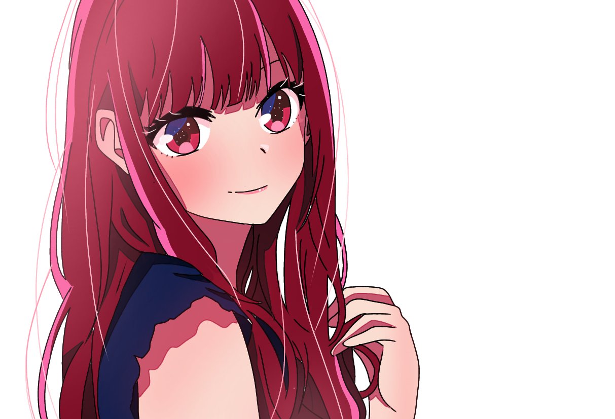 1girl arima_kana black_shirt closed_mouth hand_in_own_hair krn838 long_hair looking_at_viewer oshi_no_ko red_eyes redhead shirt simple_background smile solo upper_body white_background