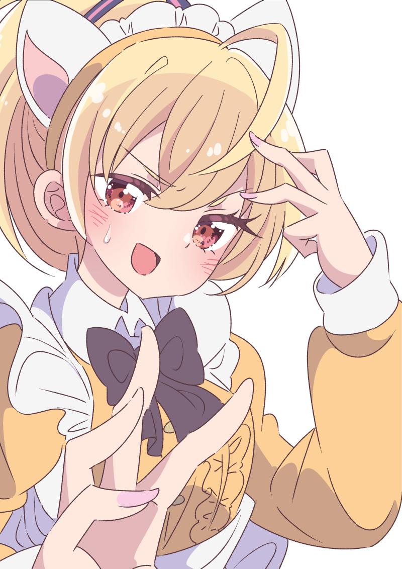 1girl ahoge andou_tazusa animal_ears apron arm_up assault_lily black_bow black_bowtie blonde_hair blush bow bowtie buttons cat_ears center_frills collared_shirt commentary_request fake_animal_ears fingernails frilled_shirt frills hair_between_eyes hand_up high_ponytail honkawa_works long_sleeves looking_at_viewer maid maid_headdress nail_polish nervous_smile open_mouth pink_nails ponytail red_eyes shirt short_hair simple_background smile solo sweatdrop upper_body v-shaped_eyebrows white_apron white_background yellow_shirt