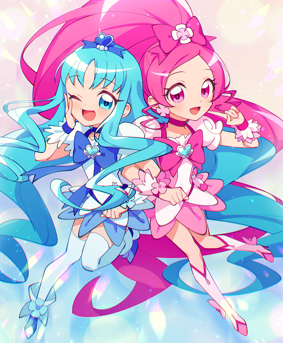 2girls :d ;d absurdly_long_hair blue_bow blue_choker blue_dress blue_eyes blue_footwear blue_hair blue_ribbon blue_skirt blush boots bow brooch choker cure_blossom cure_marine dress earrings finger_to_cheek full_body hair_bow hair_ribbon hanasaki_tsubomi hand_on_own_face hand_up heart heart_brooch heartcatch_precure! high_ponytail jewelry knee_boots kurochiroko kurumi_erika locked_arms long_hair looking_at_viewer magical_girl multiple_girls one_eye_closed open_mouth parted_bangs pink_bow pink_choker pink_dress pink_eyes pink_footwear pink_hair precure puffy_short_sleeves puffy_sleeves ribbon shoes short_sleeves sidelocks skirt smile standing thigh-highs very_long_hair white_thighhighs wide_ponytail wrist_cuffs