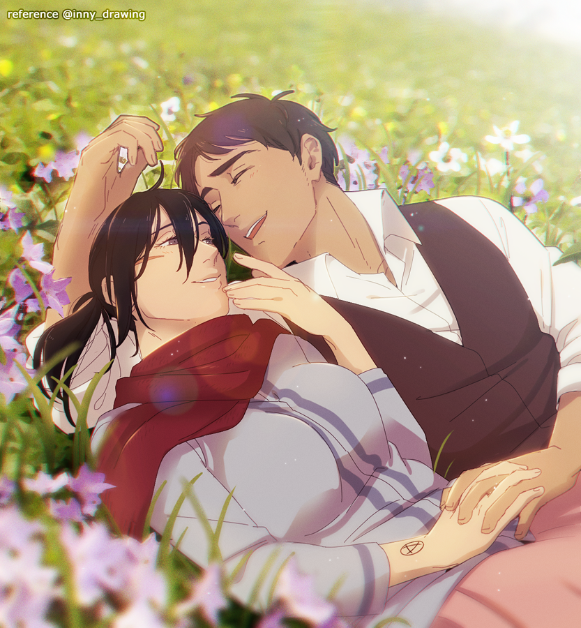 1boy 1girl black_eyes black_hair breasts brown_hair brown_vest chromatic_aberration closed_eyes commentary_request eren_yeager field flower flower_field grass hair_between_eyes hanpetos hetero holding_hands interlocked_fingers large_breasts lying mikasa_ackerman on_back photo-referenced pink_skirt red_scarf scarf shingeki_no_kyojin skirt smile spanish_commentary vest