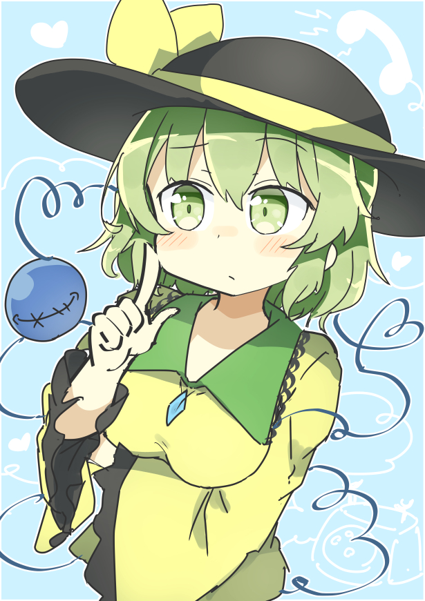 1girl :/ antique_phone black_headwear blouse blue_background blue_shirt blush bow breasts buttons closed_mouth collar collared_shirt diamond_button eyeball finger_to_cheek frilled_collar frilled_shirt_collar frilled_sleeves frills green_bow green_eyes green_hair green_shirt hat hat_bow heart heart_of_string index_finger_raised komeiji_koishi long_sleeves looking_to_the_side matsu_kitsune medium_breasts phone raised_eyebrow rotary_phone shirt short_hair solo string subterranean_animism third_eye touhou upper_body wide_sleeves
