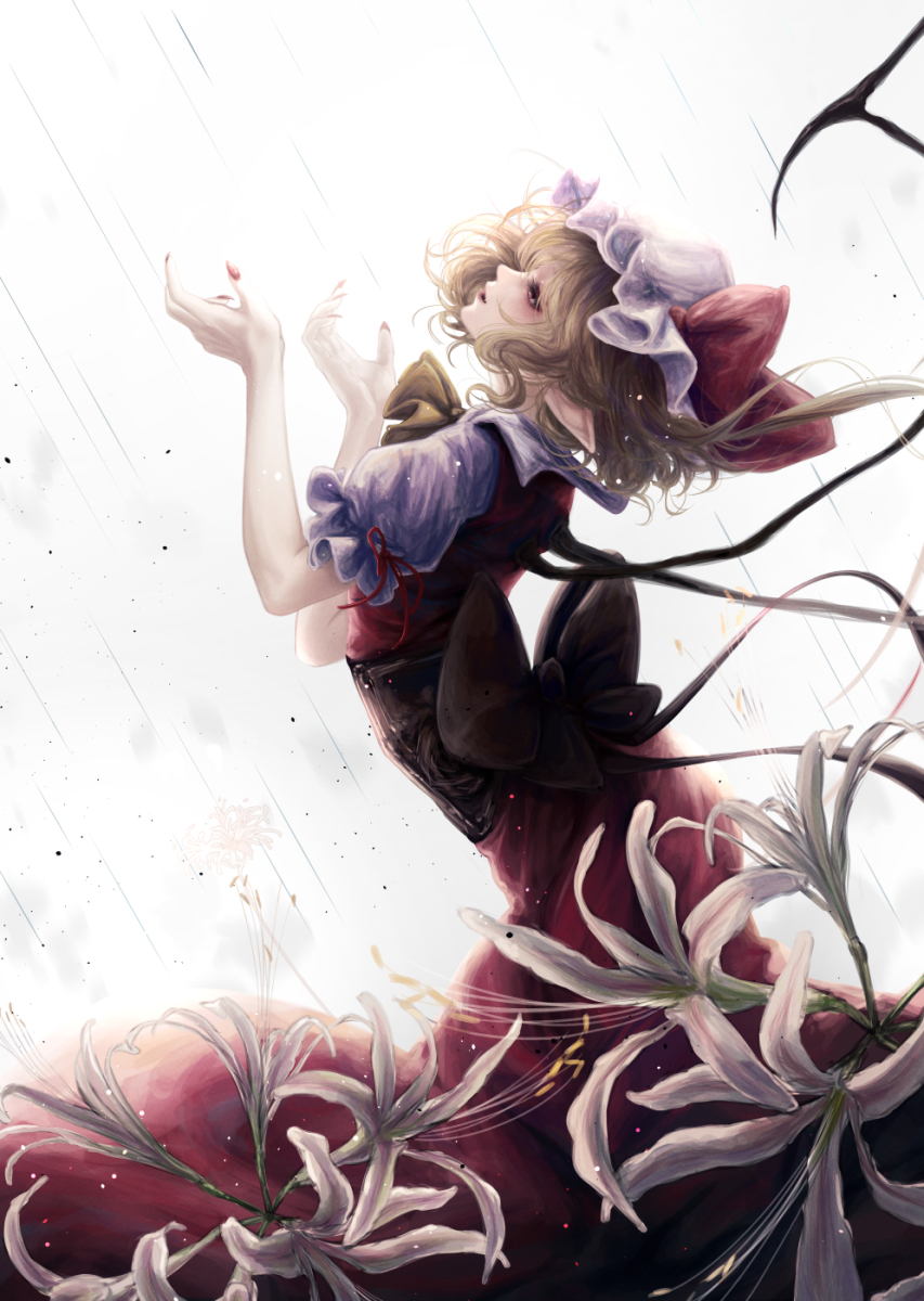 1girl blonde_hair commentary flandre_scarlet flower from_side hat hat_ribbon highres mizuhichi mob_cap open_mouth pointy_ears red_nails red_ribbon ribbon short_sleeves solo touhou white_background white_headwear wings