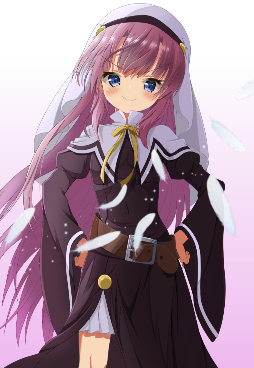 &gt;:) 1girl belt black_dress blue_eyes blunt_bangs blush brown_belt c: child closed_mouth commentary cowboy_shot doyagao dress eyelashes falling_feathers floating_hair gradient_background hands_on_own_hips highres hip_vent juliet_sleeves kamisama_ni_natta_hi long_hair long_sleeves looking_at_viewer mochimugi_rice neck_ribbon nun pink_background pink_hair puffy_sleeves ribbon satou_hina_(kamisama_ni_natta_hi) simple_background smile smug solo sparkle standing straight_hair v-shaped_eyebrows very_long_hair white_background white_headwear white_veil wide_sleeves yellow_ribbon