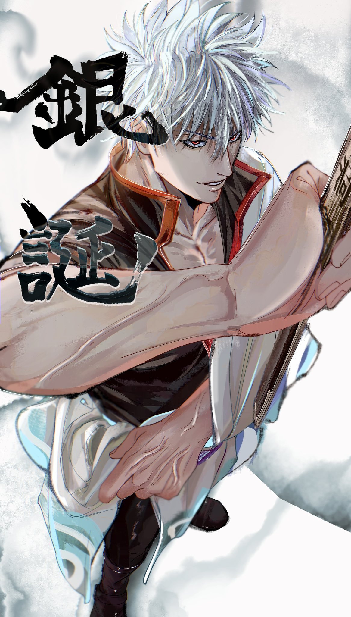1boy alternate_eye_color clothes_down foreshortening from_above gintama hadanugi_dousa highres japanese_clothes kihn_gm kimono long_sleeves looking_ahead male_focus open_clothes open_kimono pectoral_cleavage pectorals red_eyes sakata_gintoki sanpaku short_hair short_sleeves smile smirk solo standing thick_eyebrows translation_request white_hair