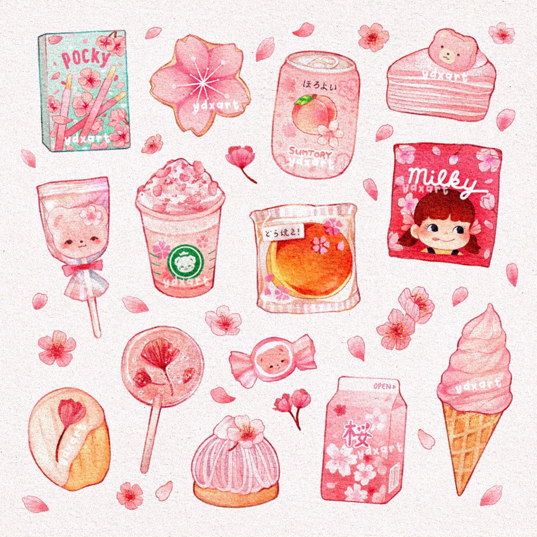 1girl :d animal-themed_food artist_name bear black_eyes blue_overalls blunt_bangs brown_hair cake cake_pop cake_slice candy cherry_blossoms closed_mouth coffee_cup commentary cookie cup desert disposable_cup english_commentary english_text eyelashes flower food food_focus food_request hair_ribbon ice_cream ice_cream_cone light_blush lollipop low_twintails milk_carton original overalls petals pink_flower pink_ribbon pocky procreate_(medium) ribbon shirt short_hair smile tongue tongue_out twintails upper_body whipped_cream white_background ydxart yellow_shirt