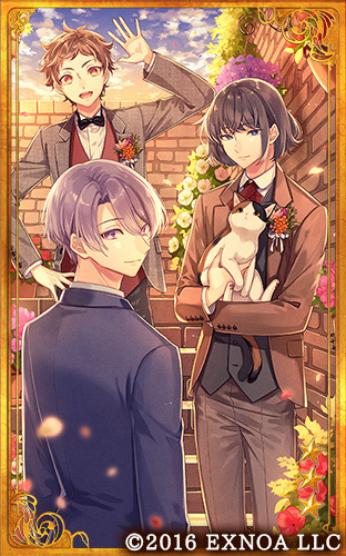 3boys :d amaichi_esora animal black_bow black_bowtie black_hair black_vest blue_eyes blue_jacket bob_cut boutonniere bow bowtie brick_wall brown_hair brown_jacket bungou_to_alchemist calico card_(medium) cat closed_mouth clouds collared_shirt copyright cowboy_shot cross_tie dusk flower flower_pot gate grey_jacket grey_pants hagiwara_sakutarou hair_between_eyes hand_on_own_hip hanging_plant holding holding_animal jacket kitahara_hakushuu_(bungou_to_alchemist) lapels long_sleeves looking_at_viewer looking_back lowres male_focus multiple_boys muroo_saisei notched_lapels official_art open_clothes open_hand open_jacket orange_flower outdoors pants pink_flower purple_flower purple_hair red_eyes red_flower red_vest shirt short_bangs short_hair smile stairs standing suit_jacket traditional_bowtie upper_body vest violet_eyes white_flower white_shirt