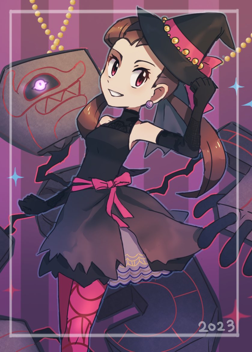 1girl black_dress black_gloves black_headwear brown_hair commentary_request dress earrings elbow_gloves eyelashes framed gloves grin halloween_costume hand_up hat jewelry long_hair mtgrslove376 official_alternate_costume pantyhose pink_pantyhose pokemon pokemon_(creature) pokemon_(game) pokemon_masters_ex red_eyes roxanne_(fall_2023)_(pokemon) roxanne_(pokemon) runerigus smile teeth twintails witch_hat