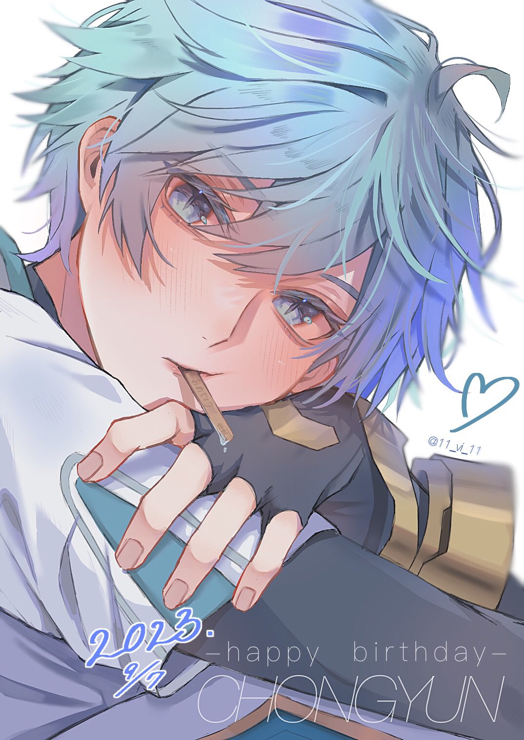 11_vi_11 1boy artist_name birthday black_gloves blue_eyes blue_hair blurry blush character_name cheek_rest chongyun_(genshin_impact) closed_mouth commentary_request dated depth_of_field fingerless_gloves food_in_mouth genshin_impact gloves hair_between_eyes happy_birthday heart highres light_blue_hair looking_at_viewer male_focus popsicle_in_mouth popsicle_stick portrait short_hair simple_background slit_pupils solo twitter_username white_background
